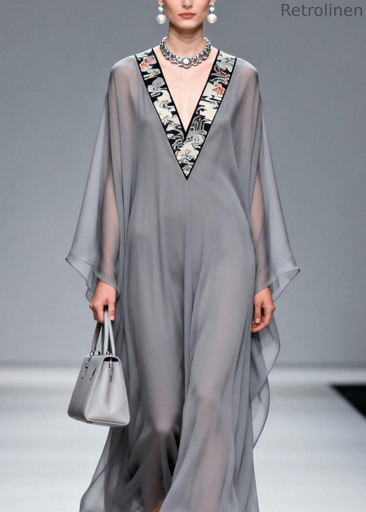 Grey V Neck Patchwork Chiffon Long Dress Spring