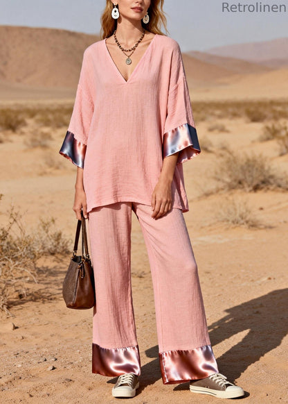 Pink Oversized Patchwork Silk Cotton Two-piece Set Spring