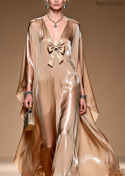 V Neck Bow Patchwork Silk Maxi Dresses Spring