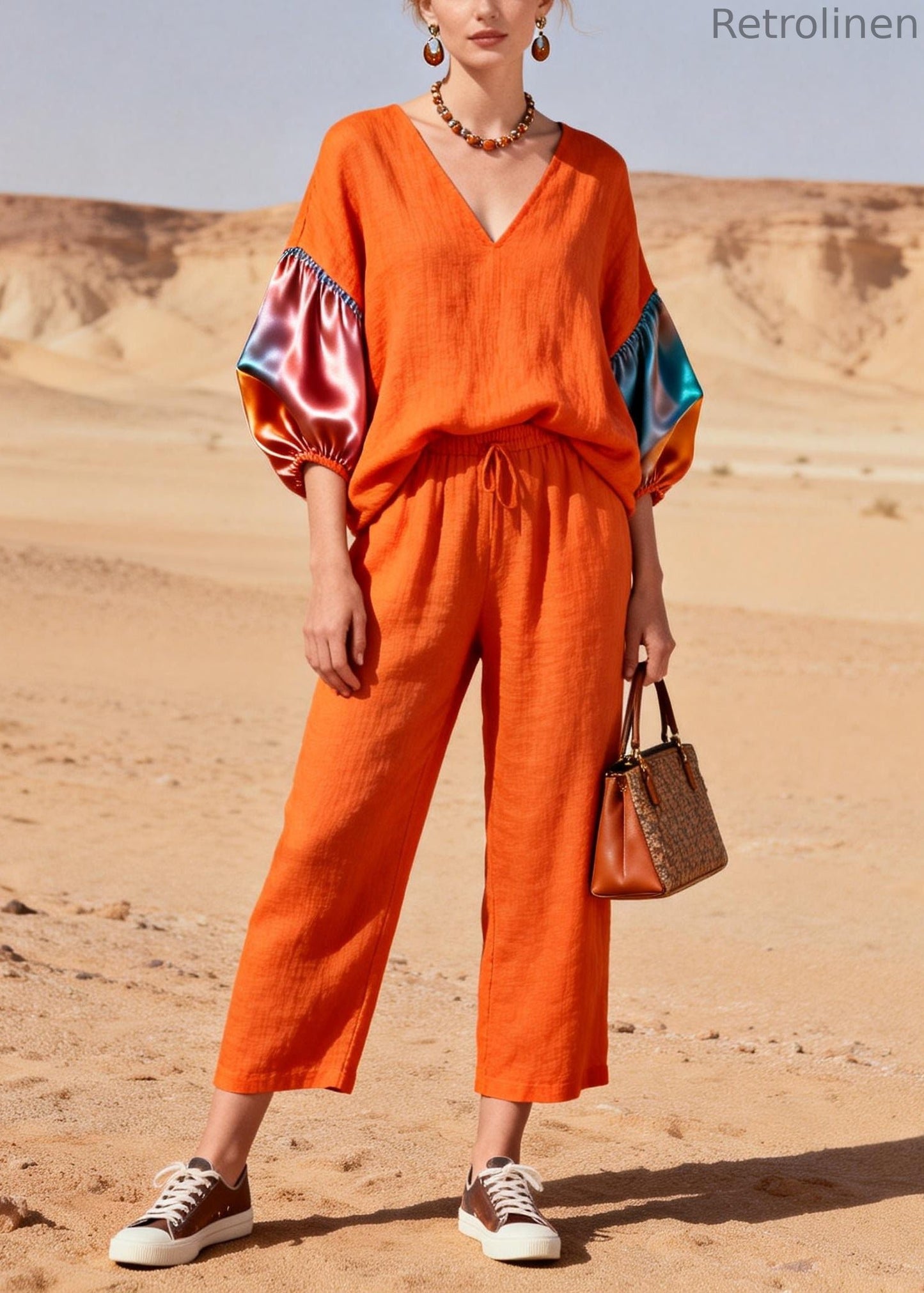 Orange V Neck Patchwork Linen 2 Piece Outfit Lantern Sleeve