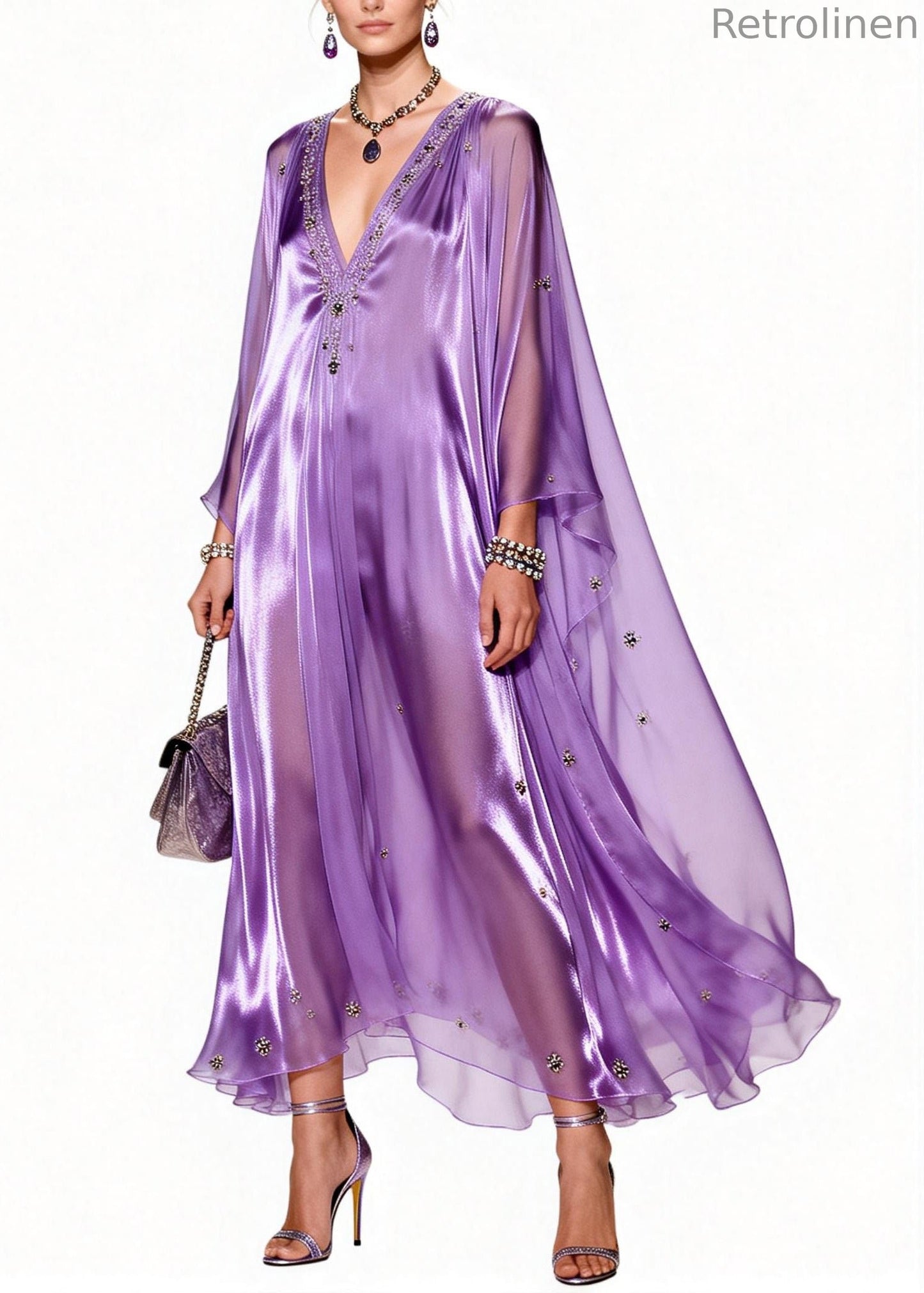 Italian Purple V Neck Zircon Patchwork Chiffon Dresses Summer