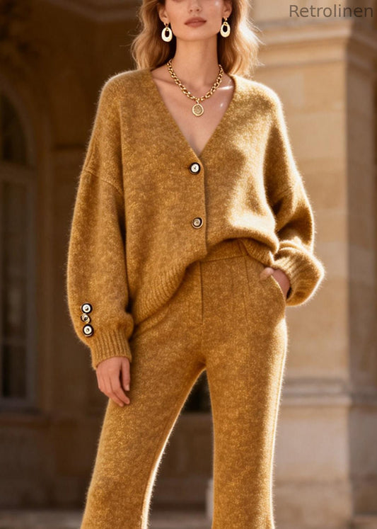 Loose Yellow V Neck Cotton Knit Cardigans and Flared Trousers Two Pieces Set Spring