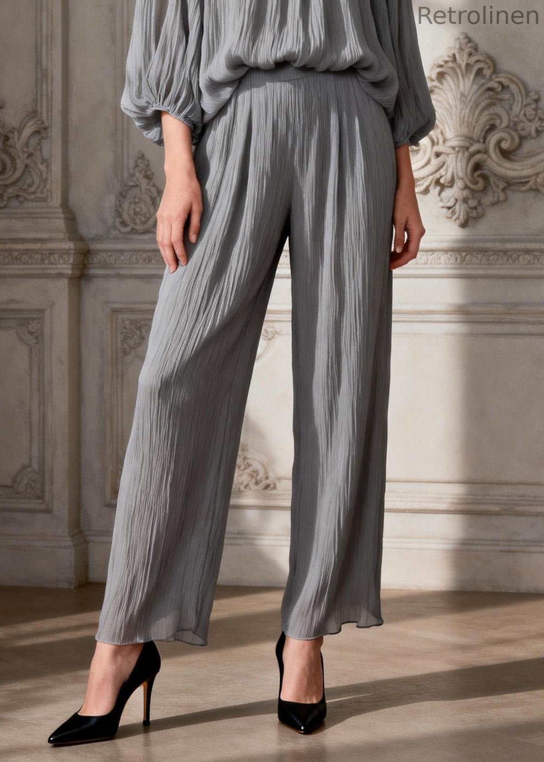 Simple Grey O Neck Ruffled Two Pieces Set Spring
