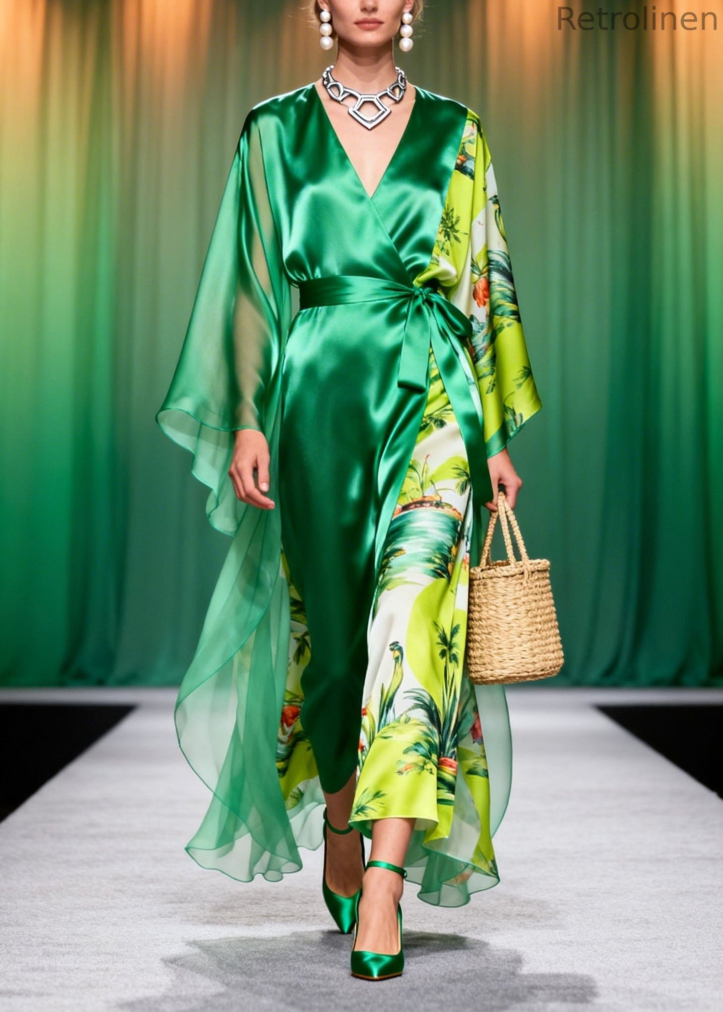 French Green V Neck Print Patchwork Chiffon Long Dresses Spring