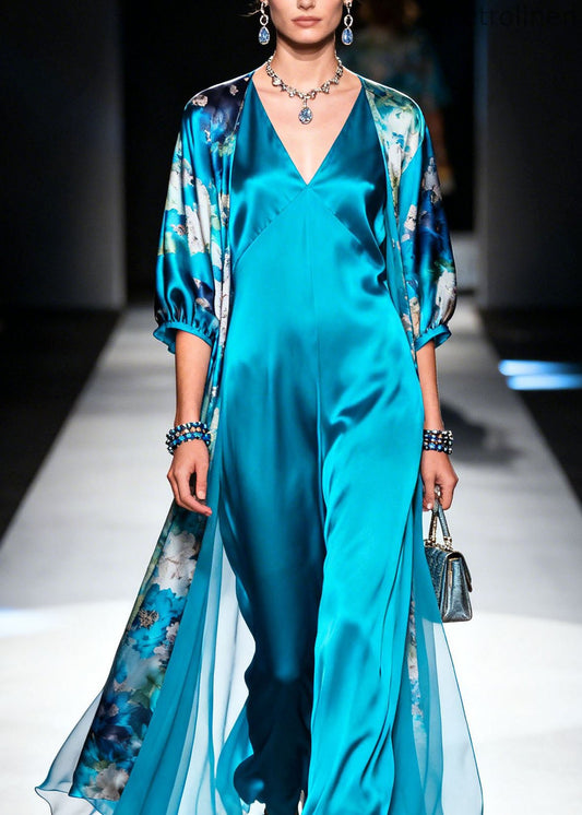 Classy Blue Print Cardigans and Dresses Silk Two Pieces Set Summer