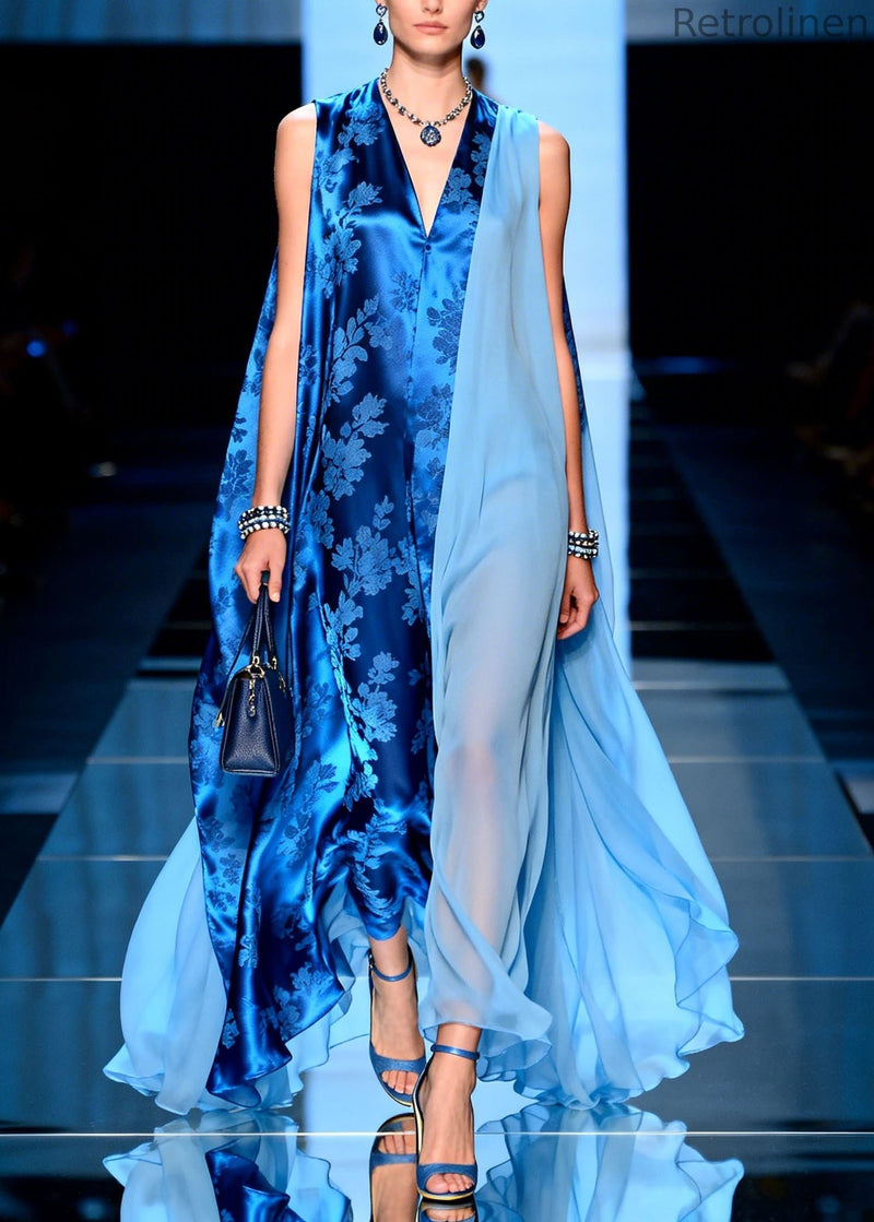 Stylish V Neck Asymmetrical Design Patchwork Chiffon Dresses Sleeveless