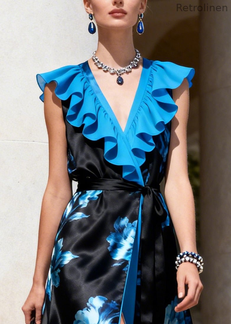 Blue Ruffled Print Side Open Chiffon Maxi Dresses Sleeveless