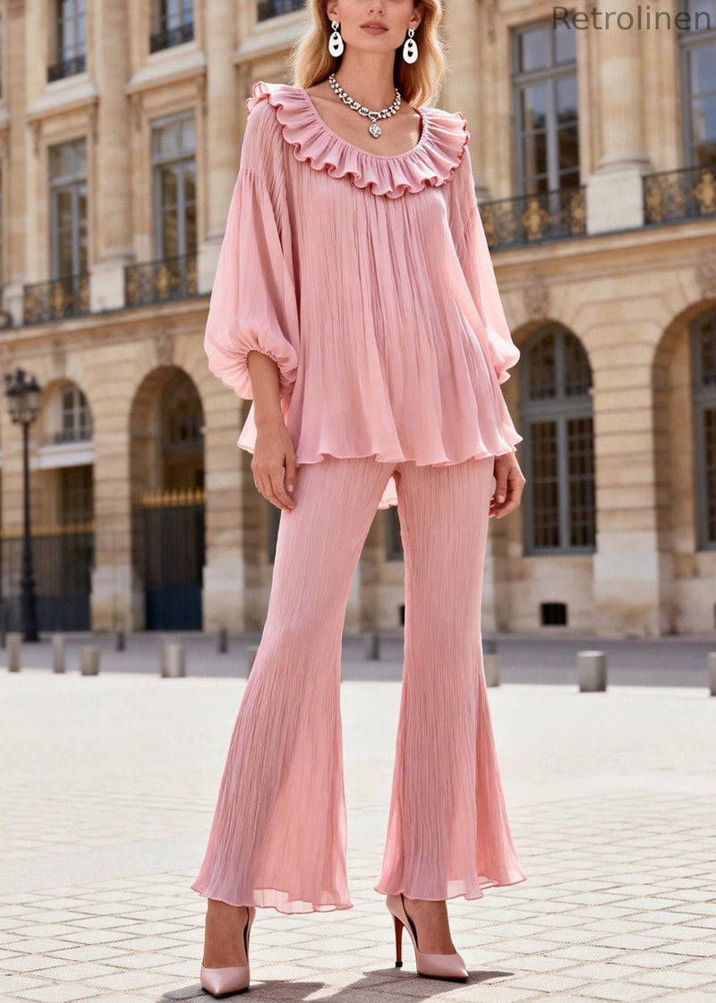 French Pink Ruffled Patchwork Chiffon Shirts and Flared Trousers Two Pieces Set Lantern Sleeve