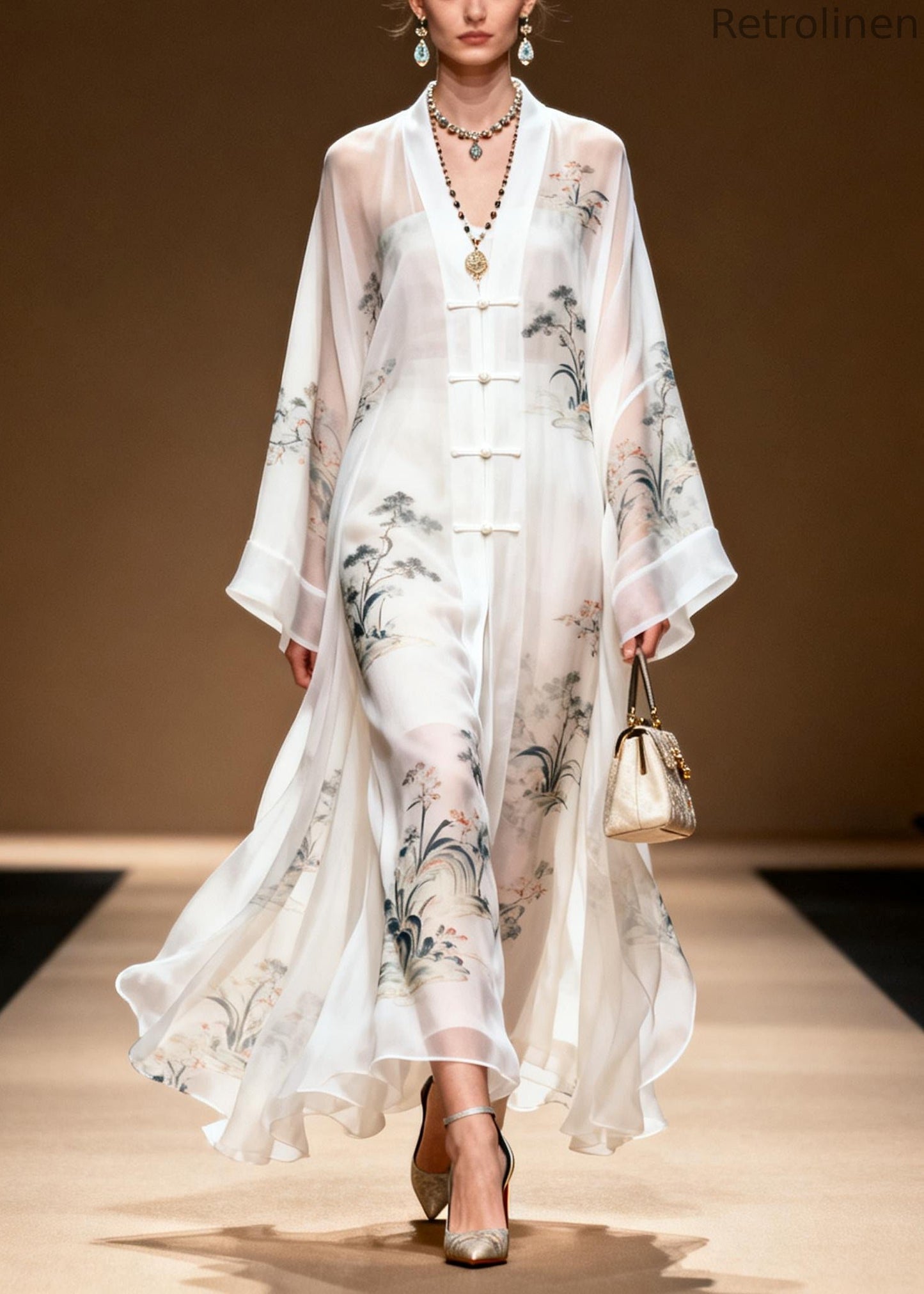 White Print Chinese Button Draping Chiffon Dress Summer
