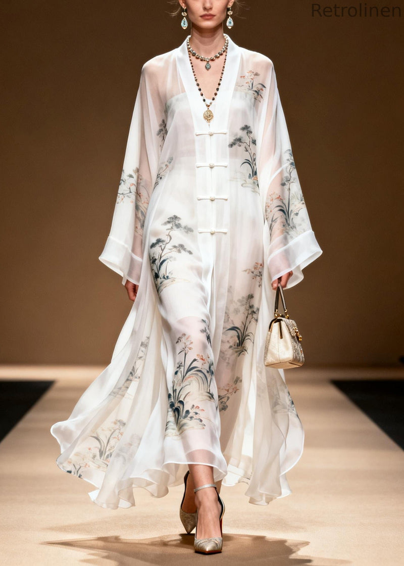 White Print Chinese Button Draping Chiffon Dress Summer