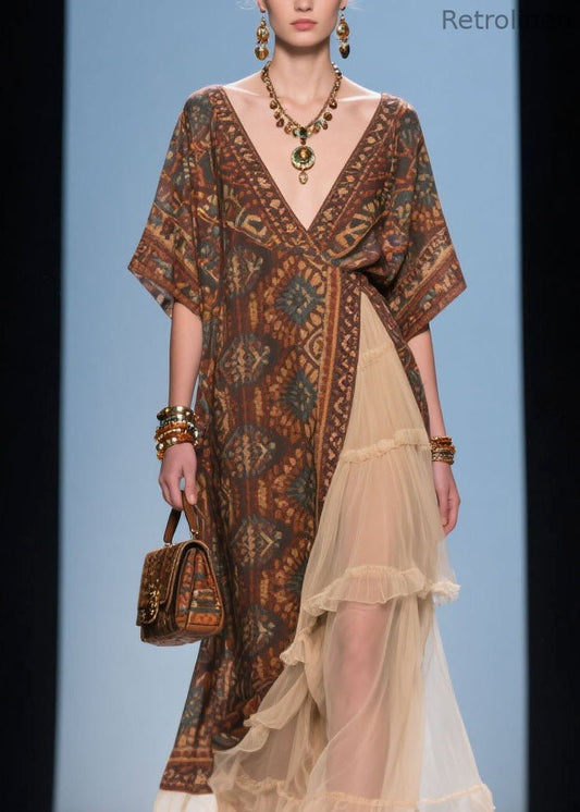 French V Neck Print Ruffled Patchwork Cotton Dress Summer