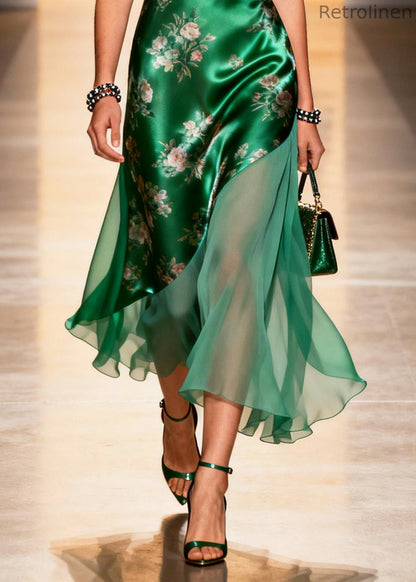 Peacock Green Print Patchwork Silk Cami Dresses Summer