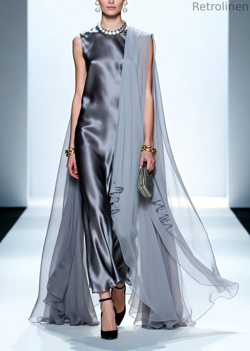 Grey Oversized Patchwork Chiffon Maxi Dress Summer