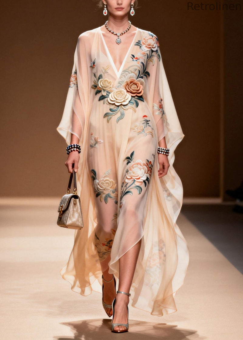 V Neck Print Wrinkled Chiffon Maxi Dresses Spring