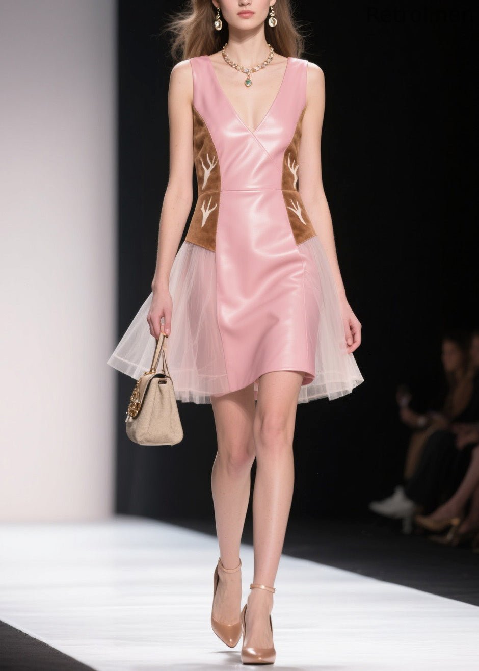 Pink V Neck Tulle Patchwork Faux Leather Dresses Summer