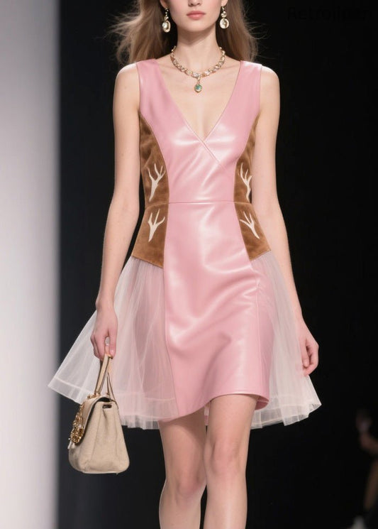 Pink V Neck Tulle Patchwork Faux Leather Dresses Summer