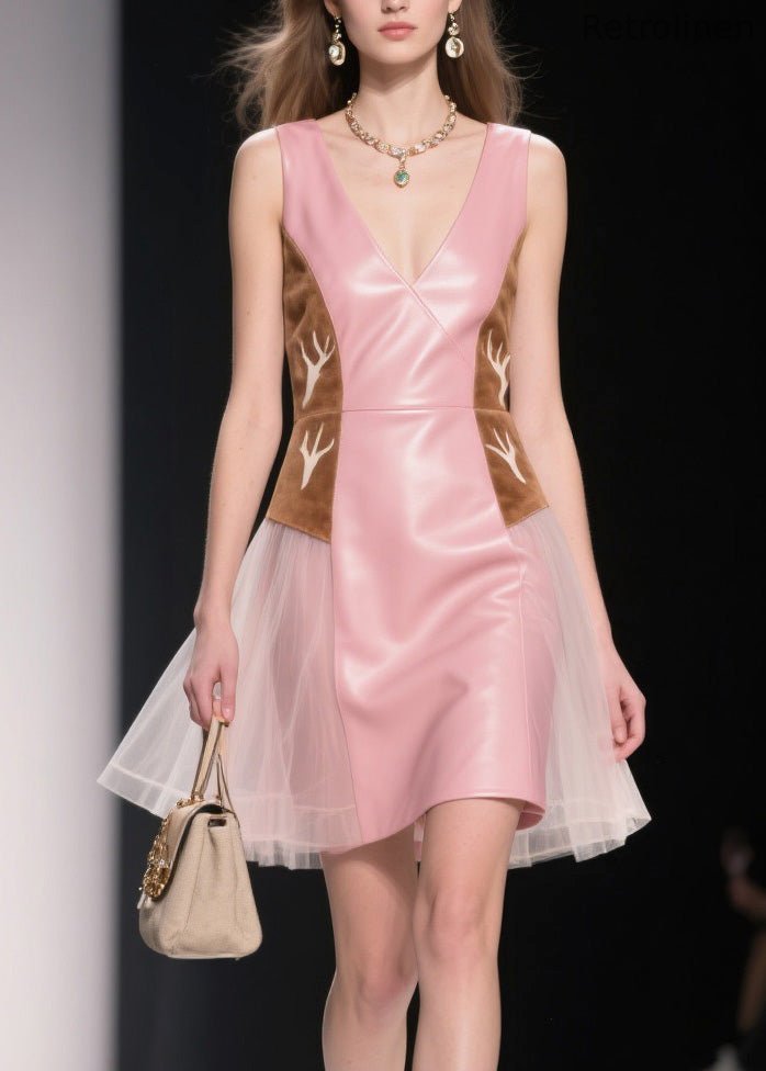 Pink V Neck Tulle Patchwork Faux Leather Dresses Summer