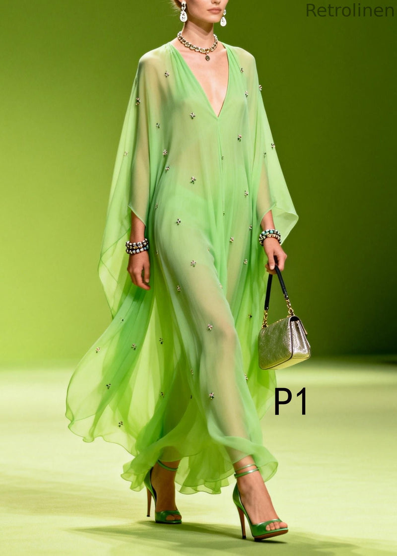 Grass Green Oversized Print Chiffon Robe Dresses Summer