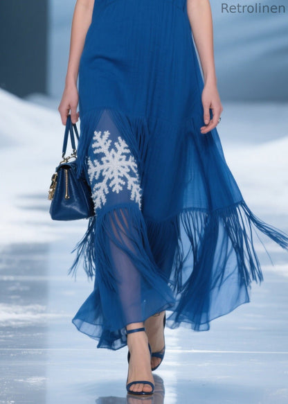Blue Tassel Patchwork Spaghetti Strap Dress Summer