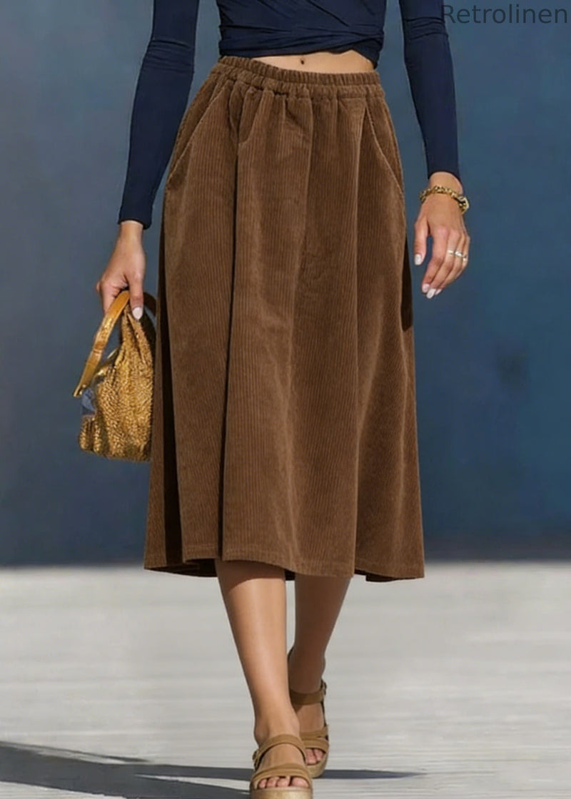Simple Coffee Pockets Elastic Waist Corduroy Skirt