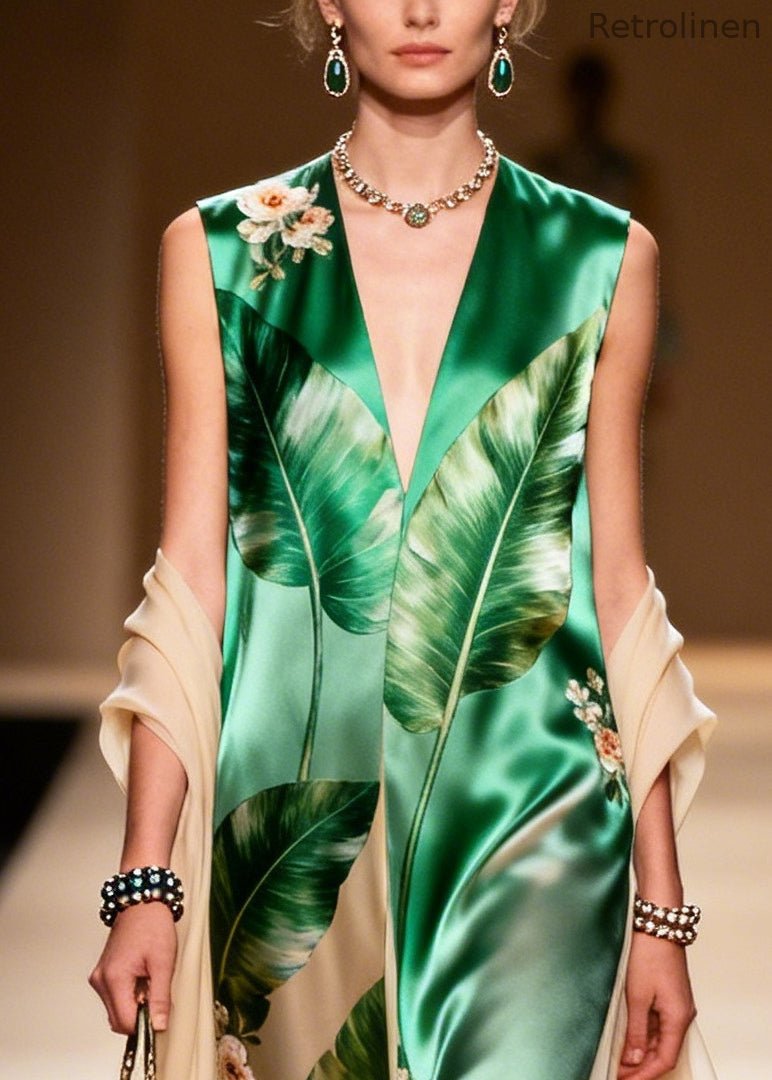 Green V Neck Print With Shawl Silk Long Dresses Summer