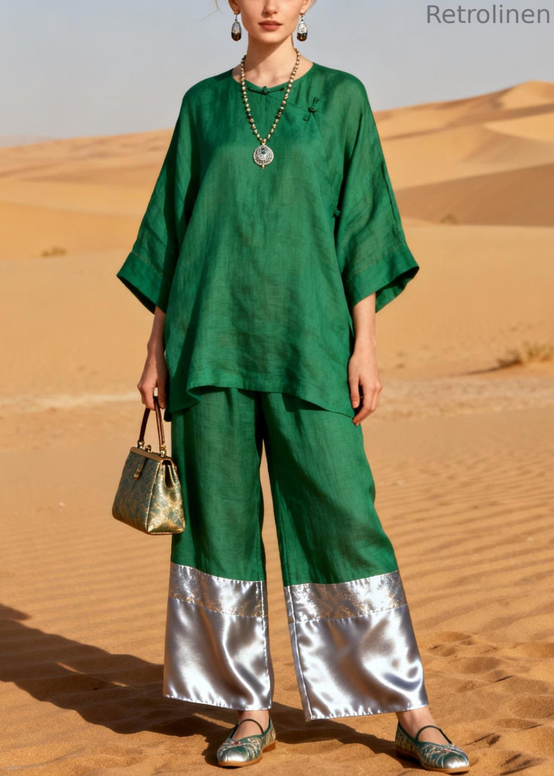 Green Chinese Button Patchwork Linen Two Pieces Set