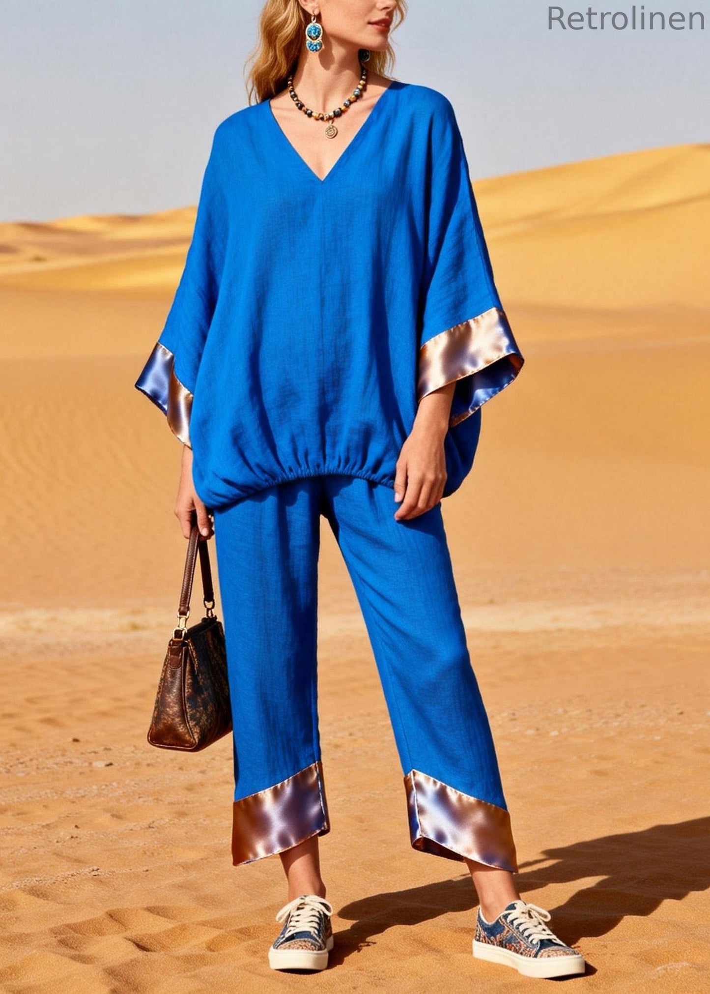 Boutique Blue Top and Pants Silk Patchwork Linen Two Pieces Set Summer
