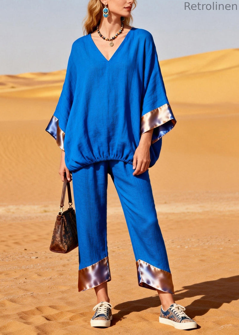 Boutique Blue Top and Pants Silk Patchwork Linen Two Pieces Set Summer