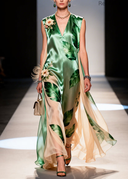 Green Leaf Print Handmade Flower Chiffon Dresses Sleeveless