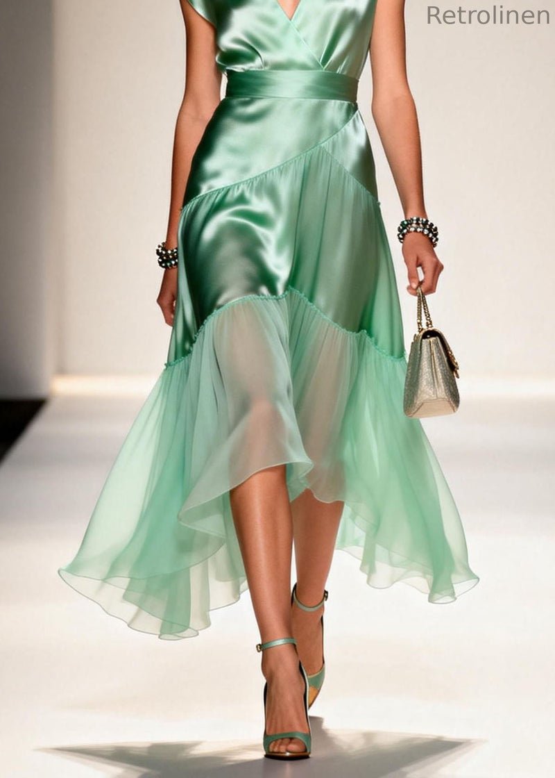 New Light Green V Neck Ruffled Patchwork Silk Dress Summer