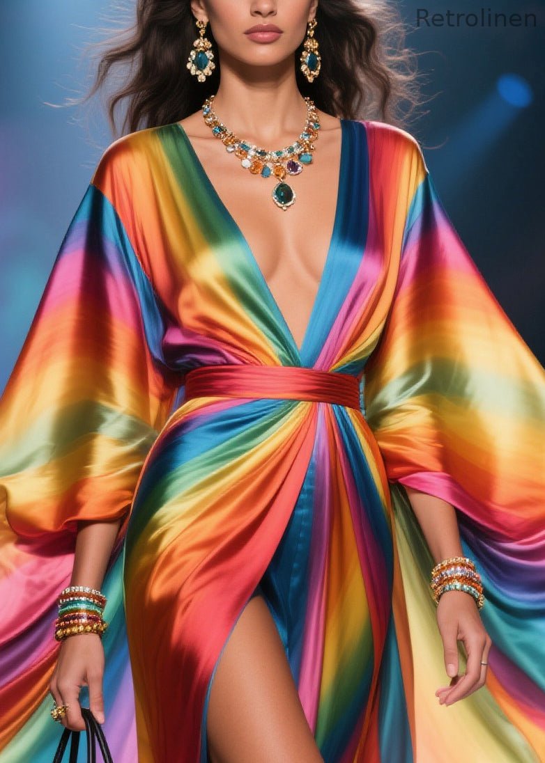 Rainbow V Neck Exra Large Hem Chiffon Holiday Dress Summer