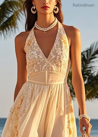 Beige Cold Shoulder Print Tulle Halter Dresses Summer