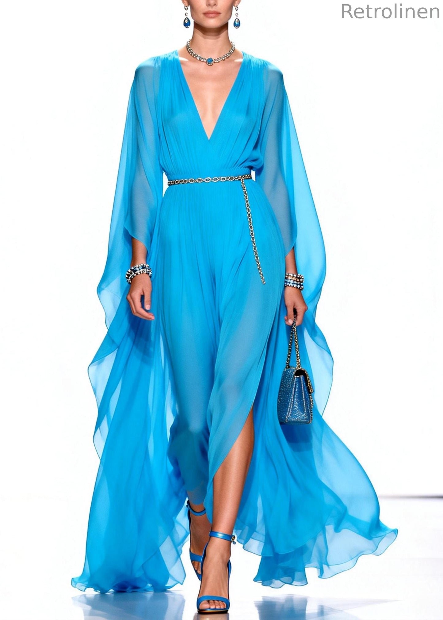 Stylish Blue V Neck Draping Chiffon Maxi Dresses Summer