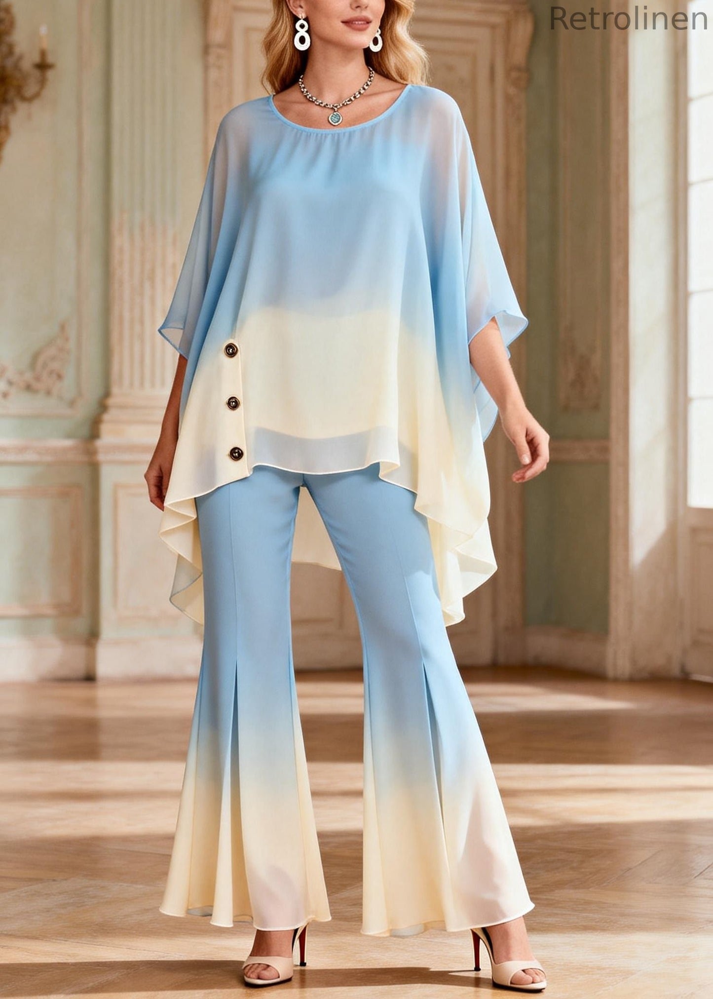 Gradient Color Blue O-neck Top and Flared Trousers Two Pieces Set Flare Sleeve