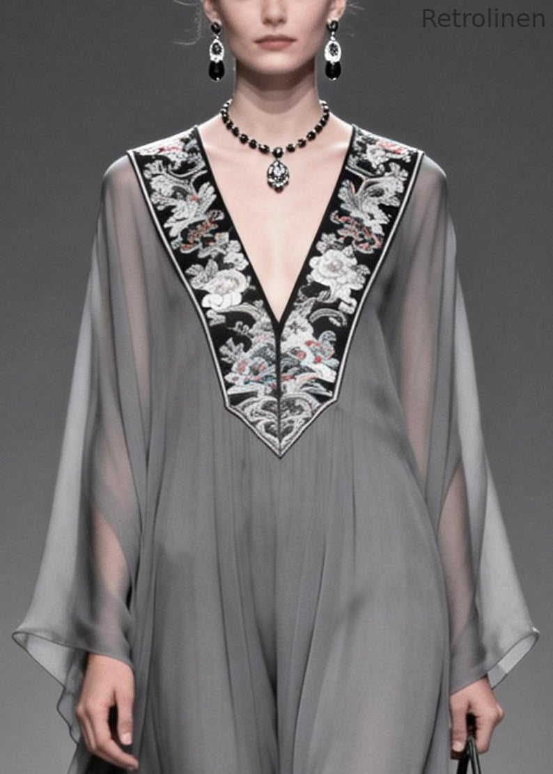 Grey V Neck Patchwork Chiffon Maxi Dress Summer