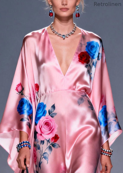 Pink Oversized Print Silk Vacation Dress Summer