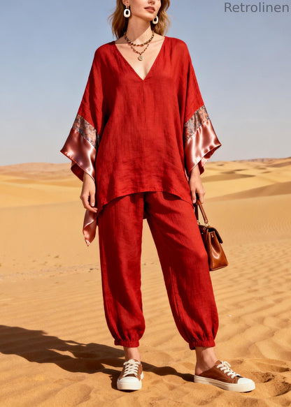 Red Oversized Patchwork Linen Silk Two Piece Suit Set Spring