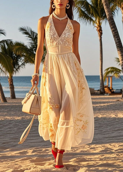 Beige Cold Shoulder Print Tulle Halter Dresses Summer