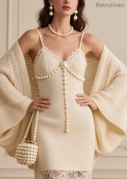 Beige Patchwork Fine Pearl Knit Two Piece Set Clothing Spring