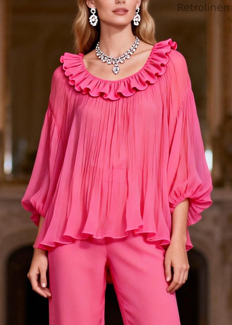 Pink High Waist Tops and Crop Pants Two-piece Set Ruffled Bracelet Sleeve