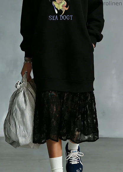 Black Pockets Lace Patchwork Warm Fleece Maxi Dresses O Neck Spring