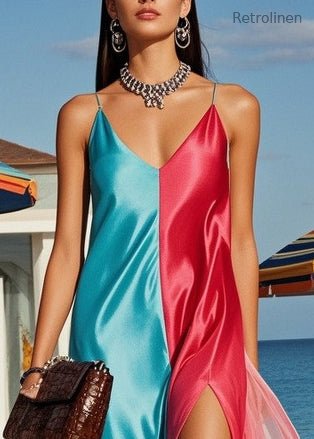 Colorblock Asymmetrical Patchwork Side Open Silk Vacation Dresses Summer