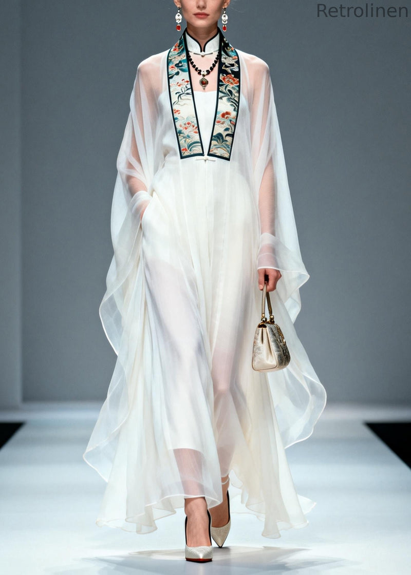 White Mandarin Collar Chiffon Sheer Dress Two Piece Set Summer