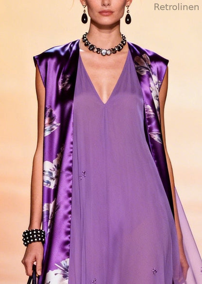 Natural Purple Oversized Patchwork Chiffon Dresses Sleeveless