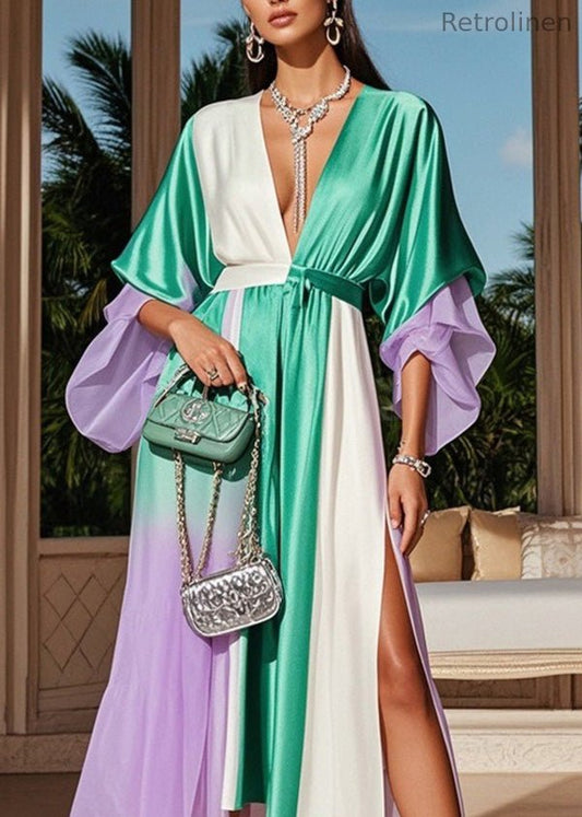 Stylish V Neck Patchwork Side Open Silk Dresses Summer