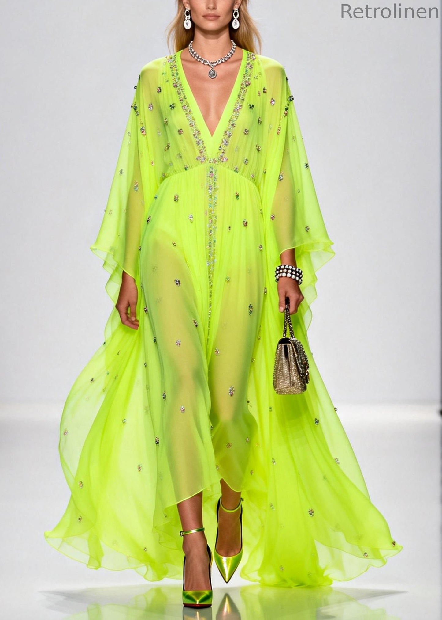 Original Design Fluorescent Green Rhinestone Exra Large Hem Chiffon Party Dresses Summer