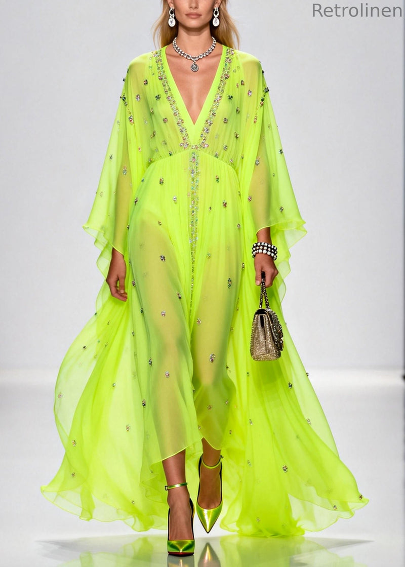 Original Design Fluorescent Green Rhinestone Exra Large Hem Chiffon Party Dresses Summer