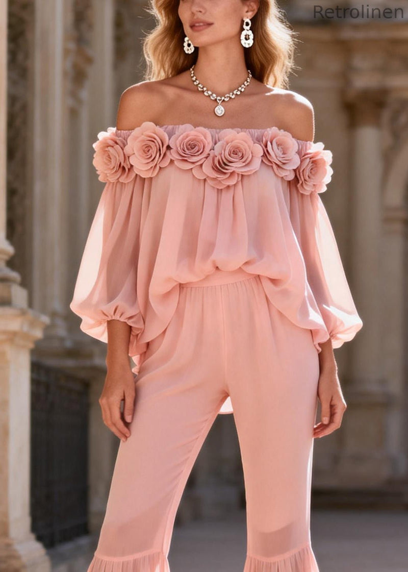 Pink Slash Neck Chiffon Top and Flared Trousers Two Pieces Set Lantern Sleeve
