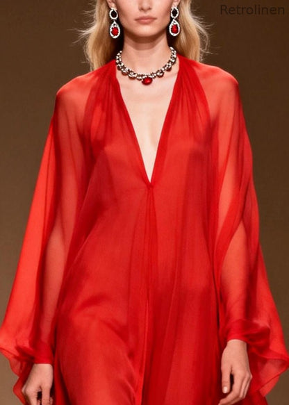 Red Draping Chiffon Long Dress Side Open Summer