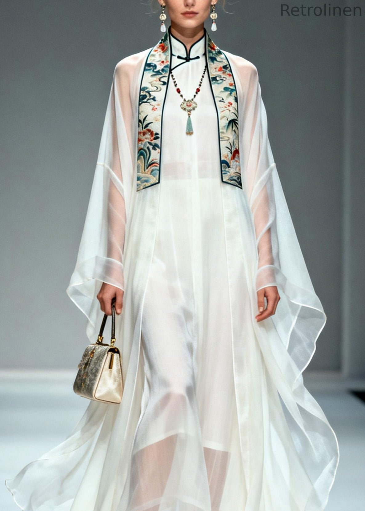 Simple White Stand Collar Patchwork Chiffon Two Piece Set Summer
